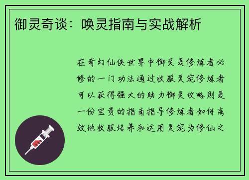 御灵奇谈：唤灵指南与实战解析